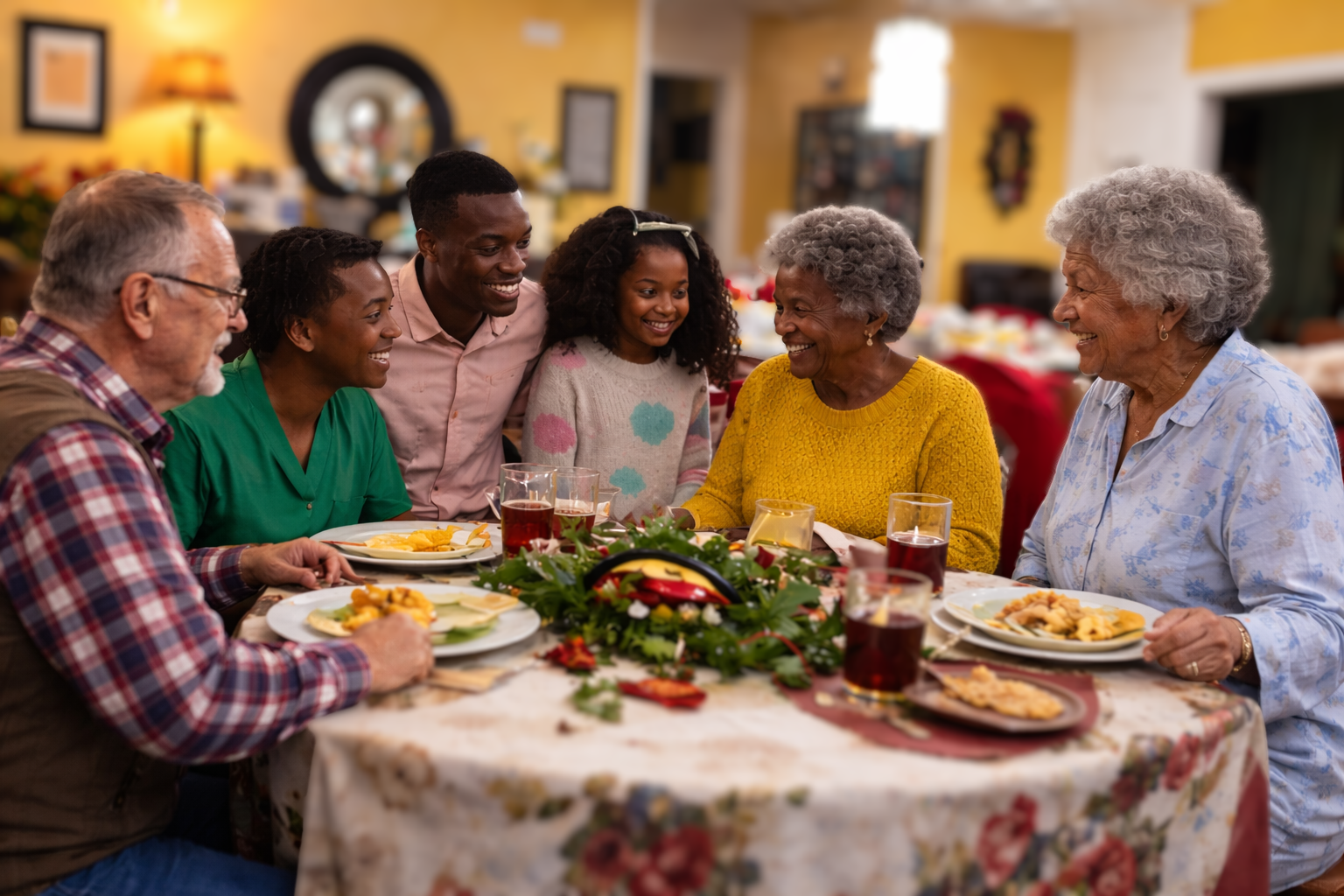 Residents and family gathered around the dinner table